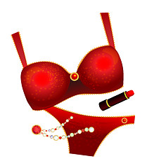 Image showing seductive red  lingerie, lipstick and necklace