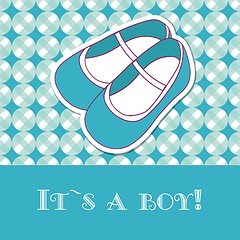 Image showing Baby boy  shower card with small boots on seamless pattern and frame for your text