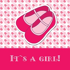 Image showing Baby girl shower card with small boots on seamless pattern and frame for your text