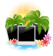 Image showing Set photo frame with palms, flowers, seascape background