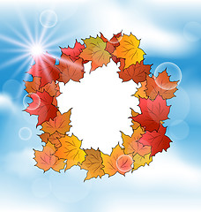 Image showing Autumn card with leaves maple on blue sky