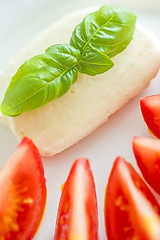 Image showing Italian appetizer tomatoes with mozarella and basil