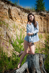 Image showing Young beautiful woman on stump