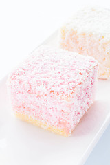 Image showing Lamington sponge cakes on white plate