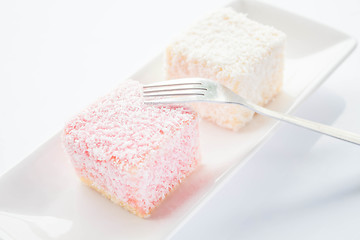 Image showing Lamington sponge cakes and fork