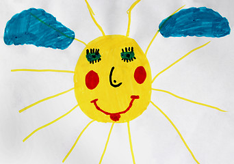 Image showing Children's drawing with nice and fun sun