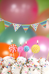 Image showing Celebration with Balloons Candles and Cake