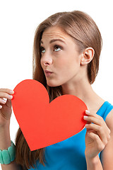 Image showing smiling young woman and red heart love valentines day 