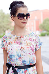 Image showing attractive woman with sunglasses in the city summertime