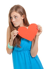 Image showing smiling young woman and red heart love valentines day 