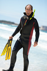 Image showing male diver with diving suit snorkel mask fins on the beach