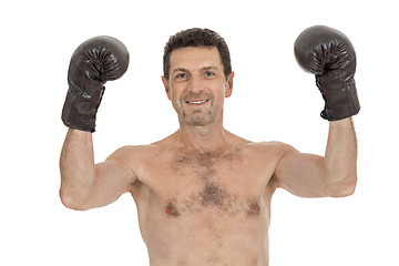 Image showing adult smiling man boxing sport gloves boxer isolated