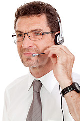 Image showing smiling mature male operator businessman with headset call senter