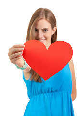 Image showing smiling young woman and red heart love valentines day 