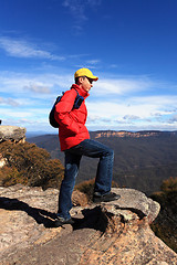 Image showing Bushwalker hiker looking out over mountain valley views