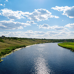 Image showing view to river with reflections and blue cloudy sky