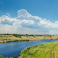 Image showing view to river with reflections and blue cloudy sky