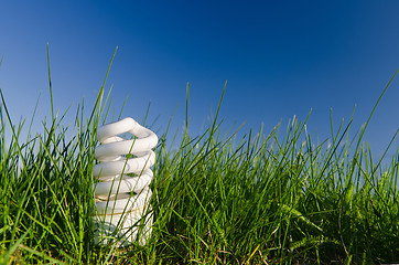 Image showing energy saving lamp in green field