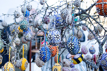 Image showing handmade easter eggs hang tree branch spring fair 