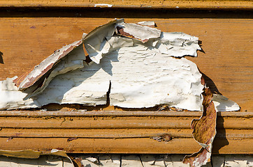 Image showing abandoned rural wooden wall peeled paint backdrop 