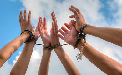 Image showing Three pairs of human hands tied up together