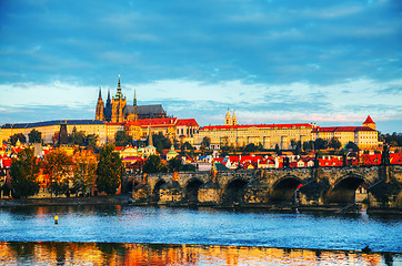 Image showing Overview of old Prague with Charles bridge