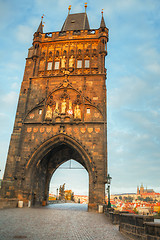 Image showing Charles bridge in Prague at sunrise time