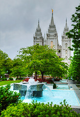 Image showing Fountain in front of the Mormons' Temple in Salt Lake City, UT