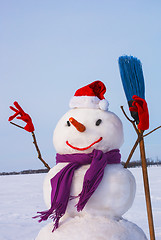 Image showing Lonely snowman at a snowy field