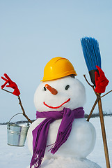 Image showing Lonely snowman at a snowy field