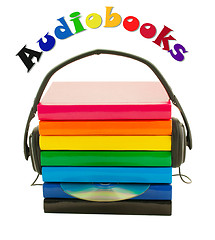 Image showing Stack of books and headphones - Audiobooks concept