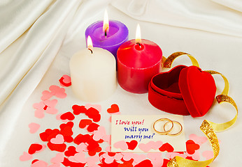 Image showing Two rings and a card with marriage proposal with three candles