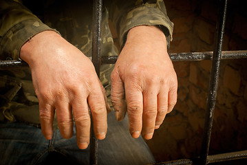 Image showing Man hands behind the bars