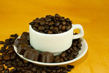 Image showing Cup full with coffee beans and chocolate candies