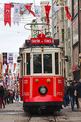 Image showing Old-fashioned red tram at the street of Istanbul