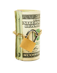 Image showing Roll of US dollars chained and locked