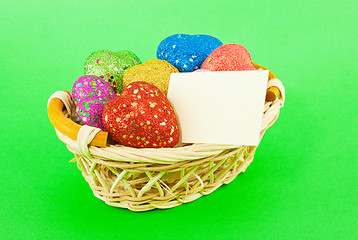 Image showing Basket full of the colorful heart shaped toys