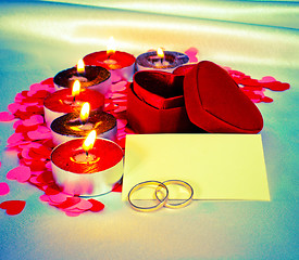 Image showing Blank card and two rings and candles