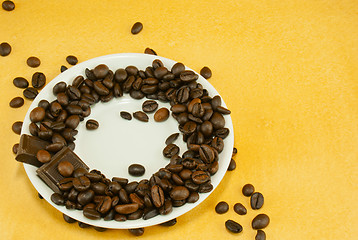 Image showing Saucer with coffee beans and chocolate bars