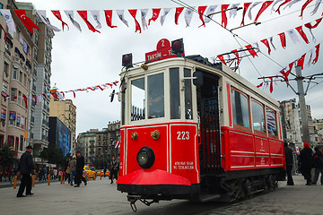 Image showing Old-fashioned red tram at the street of Istanbul