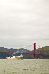 Image showing Ocean vessel under Golden Gates bridge in San Francisco