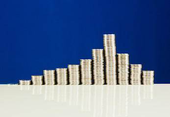 Image showing Coins stacked in bars against blue background