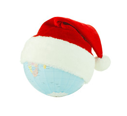 Image showing Globe wearing Santa's hat over white background