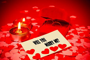 Image showing Card with marriage proposal and two rings and two candles