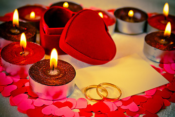 Image showing Blank card and two rings and candles