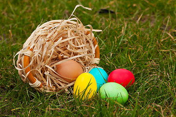 Image showing Basket with the colorful Easter eggs