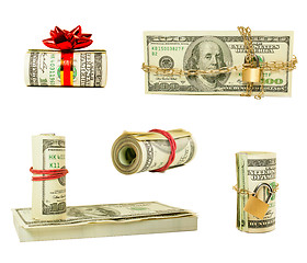 Image showing Set of wads and stacks of US one hundred dollar bills