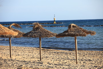 Image showing Thatched umbrellas on a tropical beach