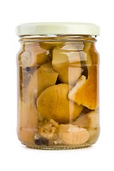 Image showing Glass jar with pickled cepe mushrooms