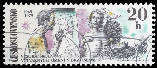 Image showing Stamp printed in the Czechoslovakia, dedicated to 30th anniversary of the Fine Arts Academy, Bratislava, shows the Artist and Model, Dove, Bratislava Castle